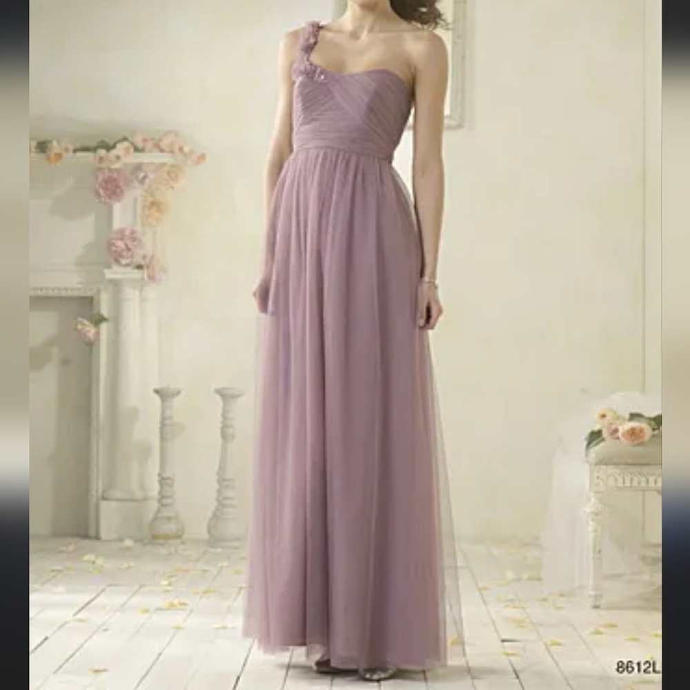NWT One Shoulder Rosette Maxi Bridesmaid Layered Chiffon Dress 10 Soft Romantic
